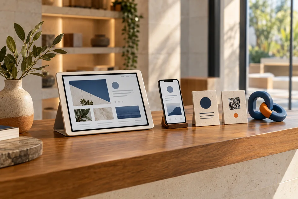 Página digital no tablet, cartão no celular e pontos de contato conectam um pequeno negócio às pessoas.