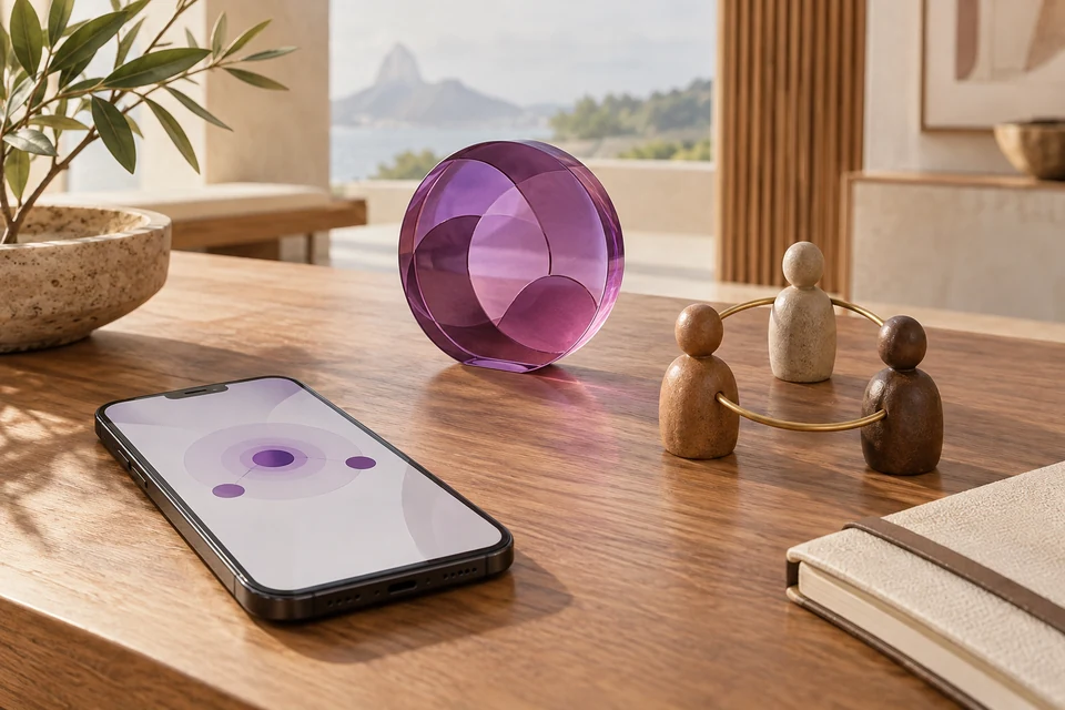 Um celular e três figuras conectadas representam uma rede pessoal de apoio.
